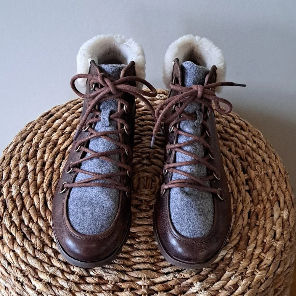 Sorel Womens Harlow Lace Cozy Brown Leather Ankle Booties Grey Felt Faux Fur 9.5